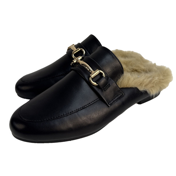 Steve Madden Shoes - Steve Madden Women's Jill Black Leather Slides Fur Loafer Size 6.5 Shoe NWB